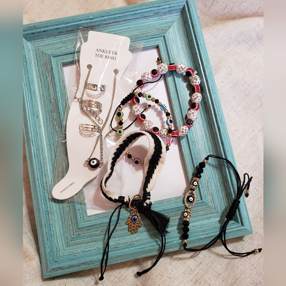 Evil Eye Jewelry Bundle Of 5 Pieces Bracelets, Ankle And Toe Rings - Picture 3 of 3